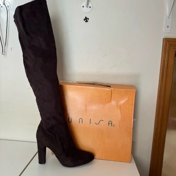 Unisa Sanyia Brown Micro Suede Over the Knee High Heel Boots Size 10 - Picture 3 of 12
